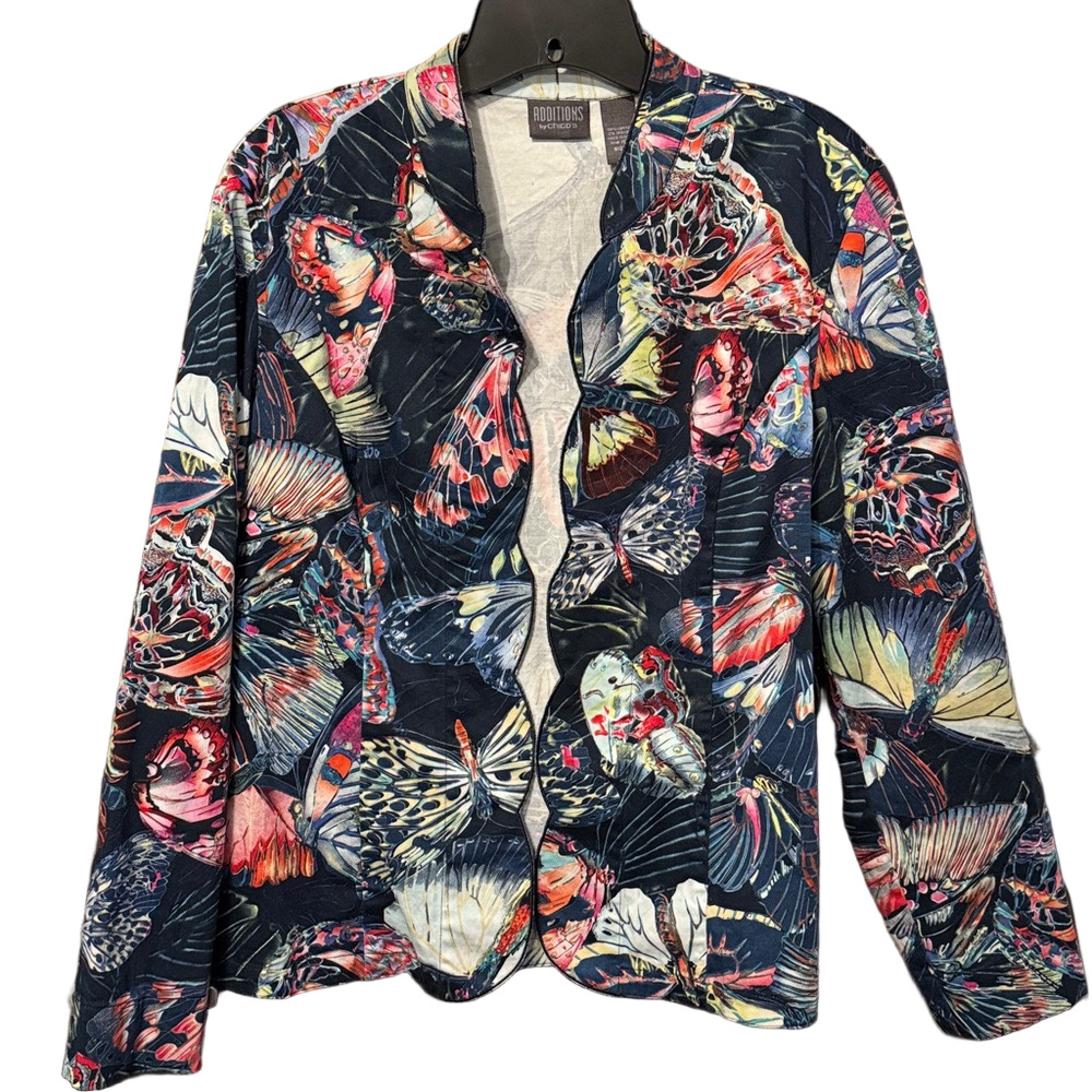 Chico's Multicolor Butterfly Print Scalloped Trim Open Front Lightweight Jacket